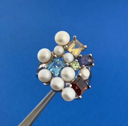 Designer Sterling Silver Mixed Gemstone Pearl Statement Modernist Cocktail Ring