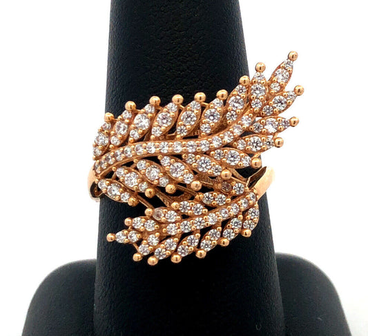 Designer 18K Yellow Gold Cubic Zirconia Leaves Feather Bypass Statement Ring