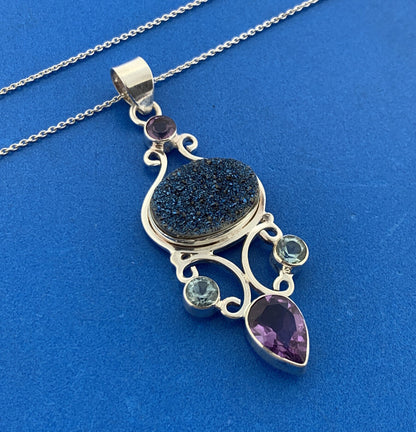 Sterling Silver 925 Amethyst Blue Topaz Drusy Quartz Statement Pendant Necklace