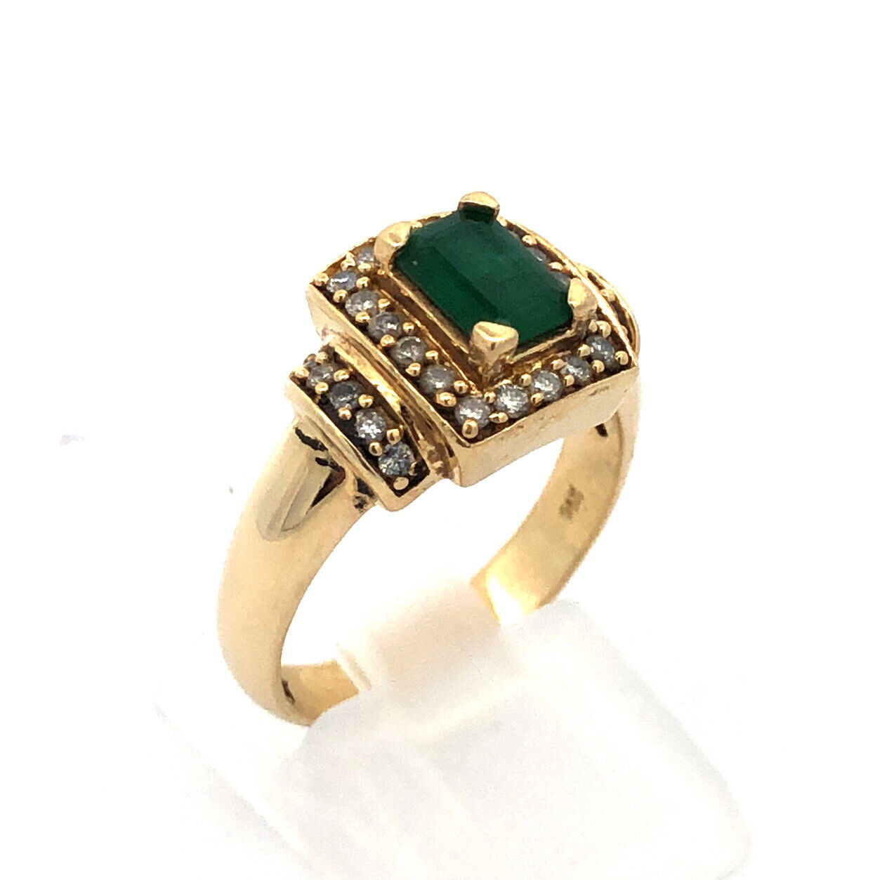 Vintage 14K Yellow Gold Emerald Diamond Halo Statement Cocktail Ring