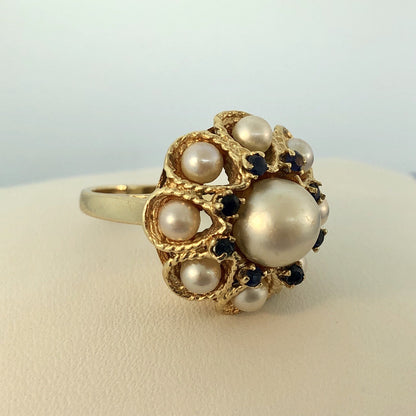 Vintage 14K Yellow Gold Pearl Sapphire Princess Style Cocktail Ring