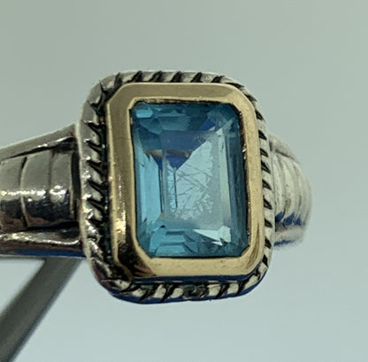 Silpada 14K Yellow Gold 925 Sterling Silver Emerald Cut Blue Topaz Cocktail Ring