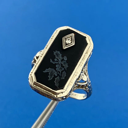 14k White Gold Etched Floral Black Onyx Diamond Art Deco Finger Size 6.75 Ring