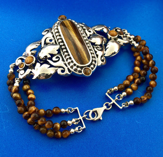 Retro 925 Sterling Silver Tiger Eye Beaded Open Scroll Work Statement Bracelet