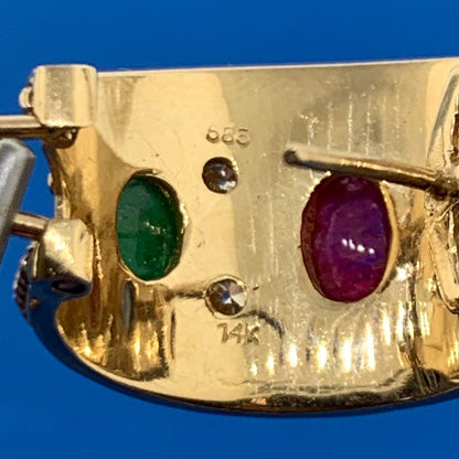 14K Yellow Gold Ruby Sapphire Emerald Diamond Statement Omega Back Earrings