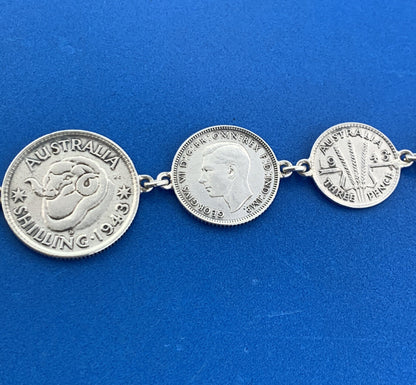 Vintage 1942-1943 Great Britain Australia 3 Pence 6 Pence Shilling Coin Bracelet