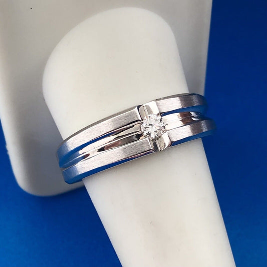 Men's 14K White Gold Diamond Solitaire Brushed Polished Incused Wedding Band