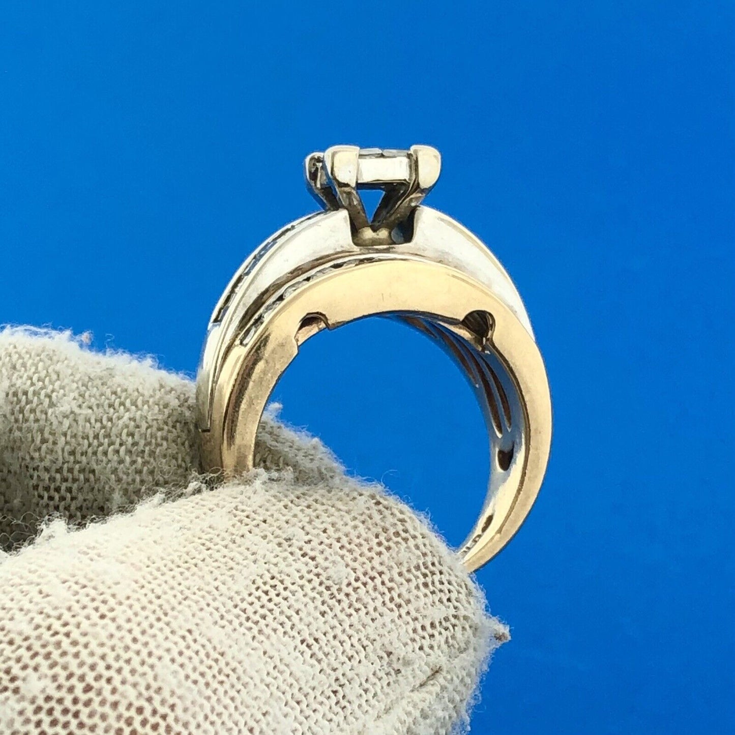 14k Yellow White Gold Princess Quad Diamond w/ Accent Triple Band Ring Size 6.75