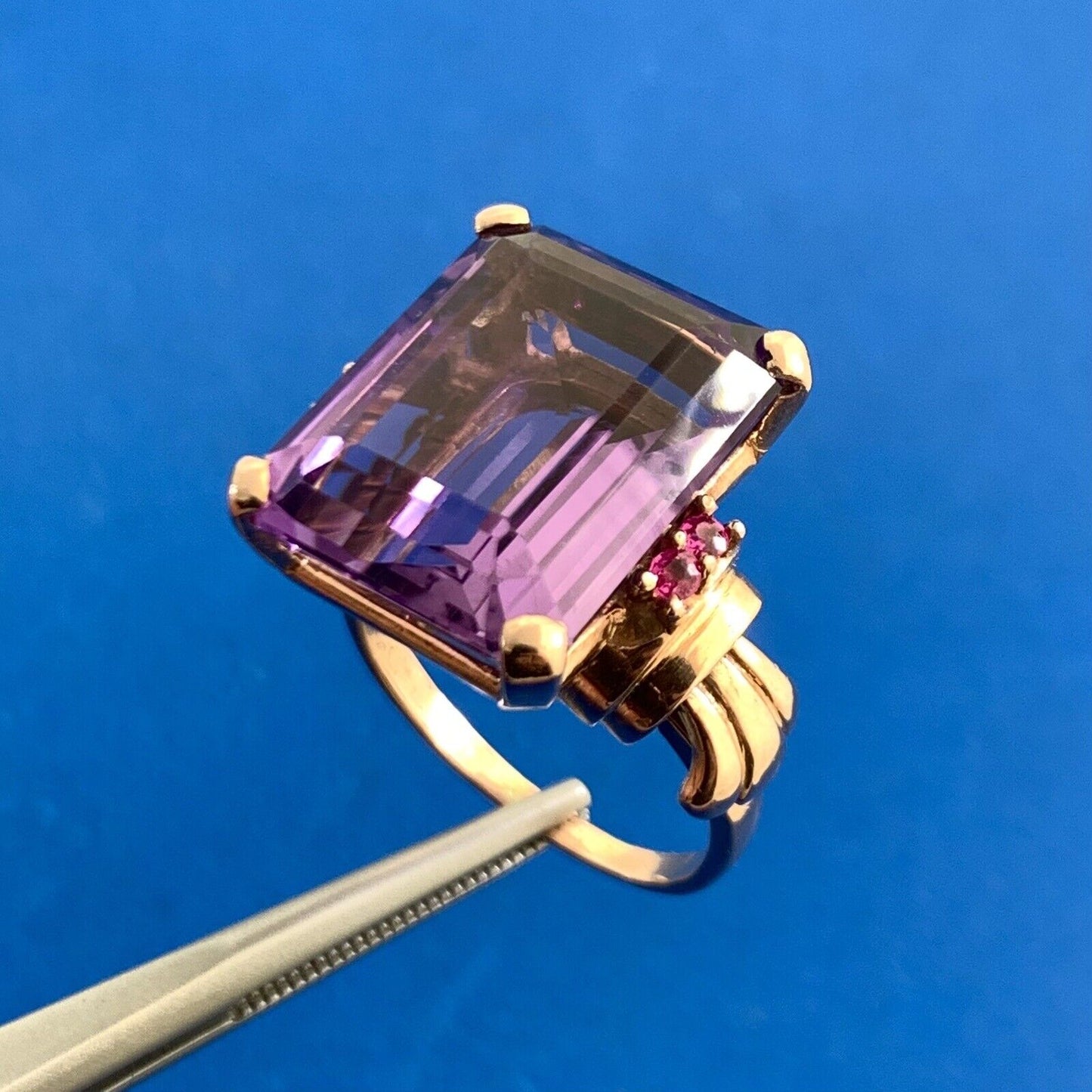 Estate Emerald Cut Amethyst Ruby Accents 14K Rose Gold Statement Cocktail Ring