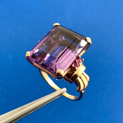 Estate Emerald Cut Amethyst Ruby Accents 14K Rose Gold Statement Cocktail Ring