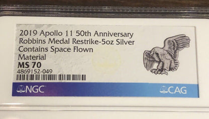 2019 Apollo 11 50th Anniversary Robbins Restrike 5oz 999 Silver NGC MS70 Medal