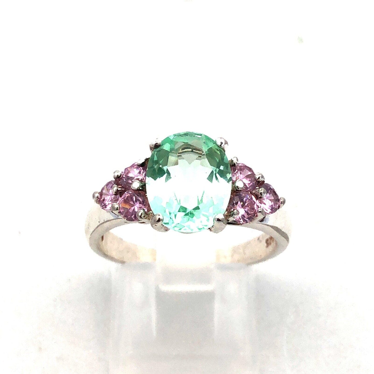 Designer HAN 925 Sterling Silver Oval Seyfoam Green Pink CZ Accent Cocktail Ring