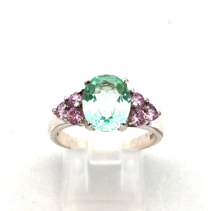 Designer HAN 925 Sterling Silver Oval Seyfoam Green Pink CZ Accent Cocktail Ring