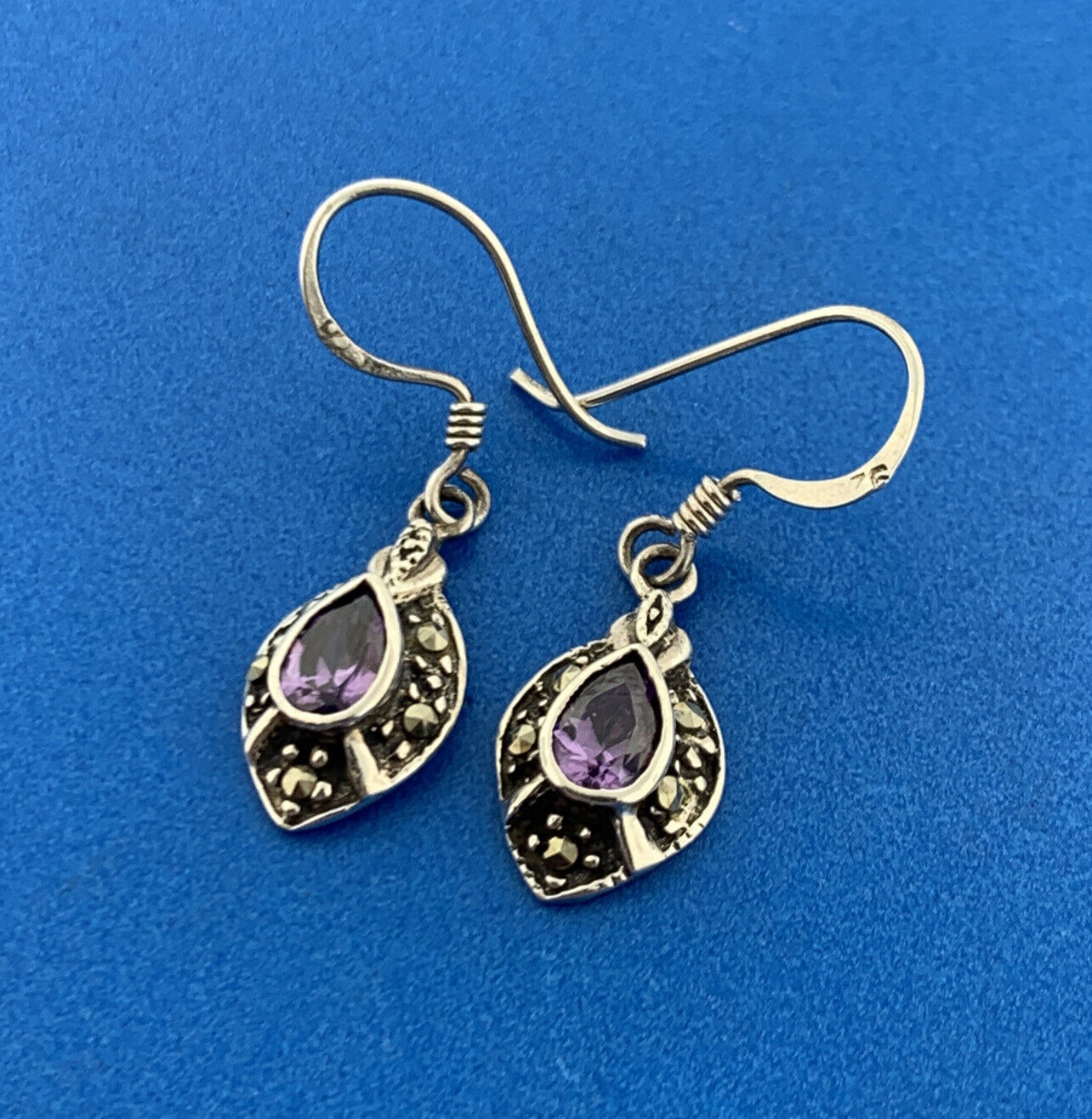 Designer 925 Sterling Silver Pear Amethyst Marcasite February Occasion Earrings