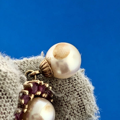 Vintage 14k Yellow Gold Round Cut Red Ruby White Pearl French Hook Earrings