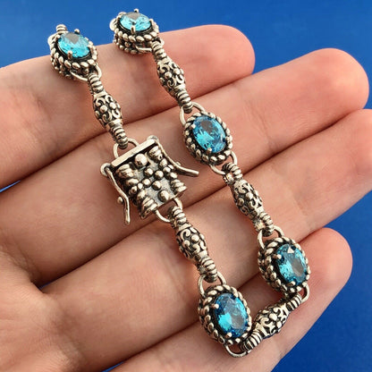 Retro Sterling Silver 925 Oval Aqua Cubic Zirconia CZ Station Tennis Bracelet