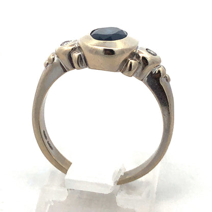 14K White Gold Oval Sapphire Solitaire Diamond Accent Modernist Anniversary Ring