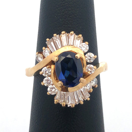 Designer 14K Yellow Gold Oval Sapphire Diamond Wave Halo Bypass Cocktail Ring
