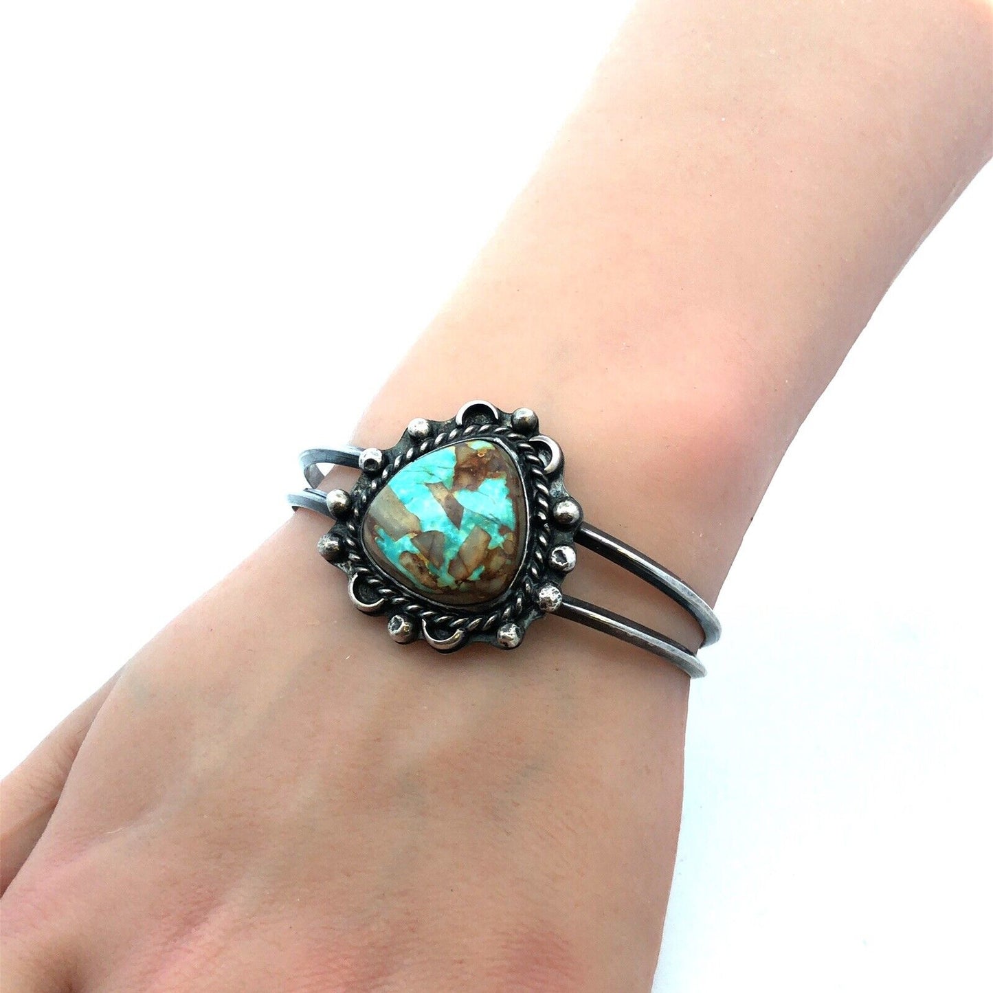 Vintage 925 Sterling Silver Cabochon Turquoise Open Cuff Bracelet