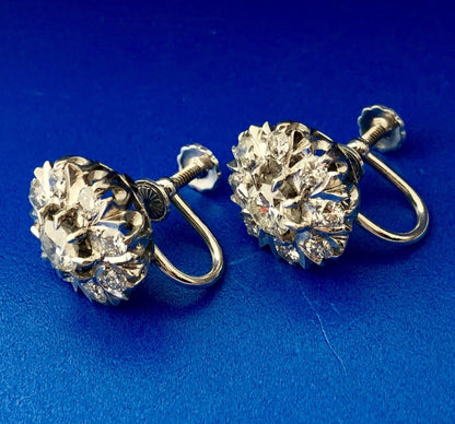 Art Deco Art Nouveau 14K White Gold Diamond Floral Starburst Screw Back Earrings