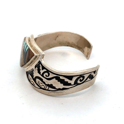 Calvin Begay Sterling Silver Mixed Gemstone Inlay Open Storyteller Cuff Bracelet