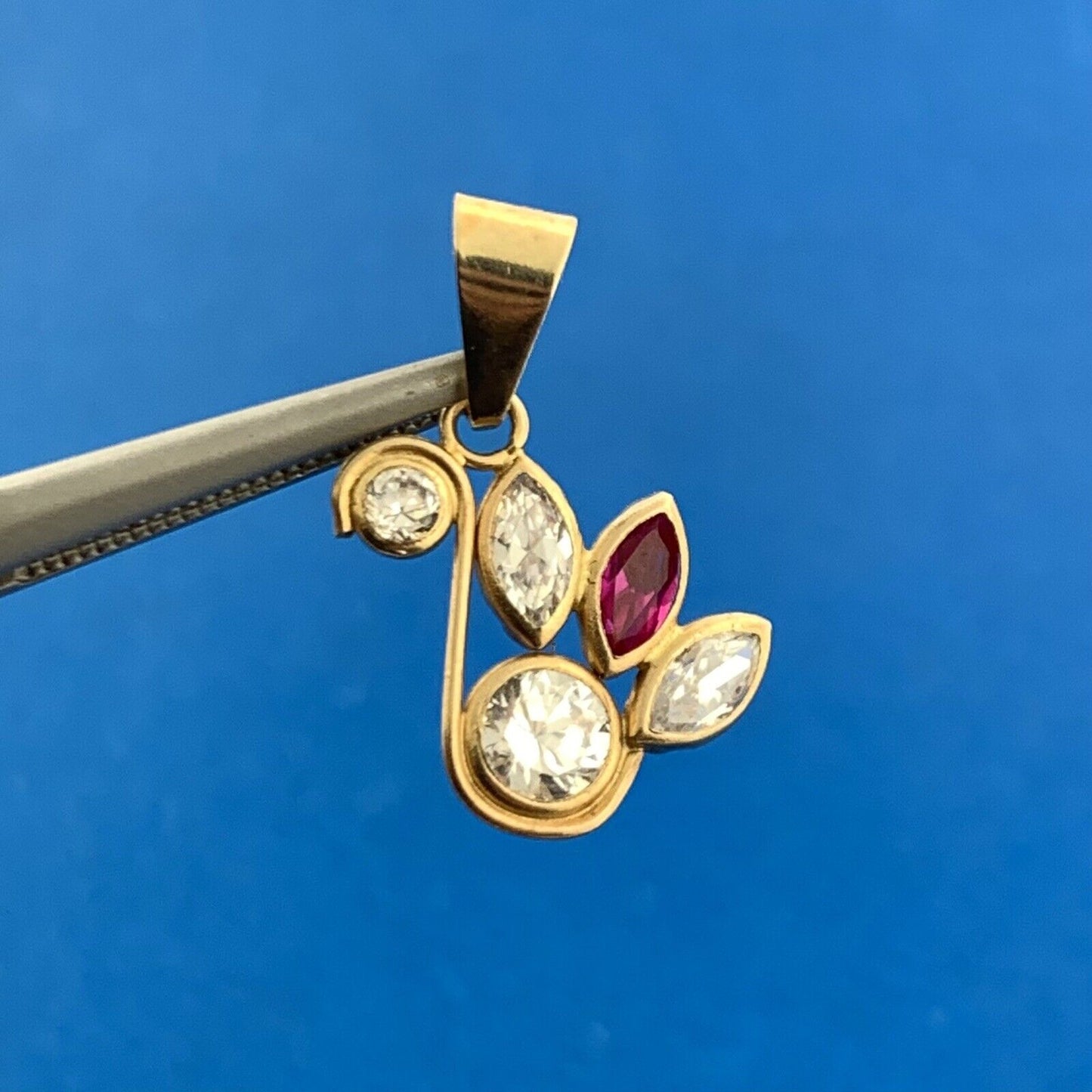 Vintage Mexico 10K Yellow Gold Ruby White Topaz Modernist Floral Dangle Pendant