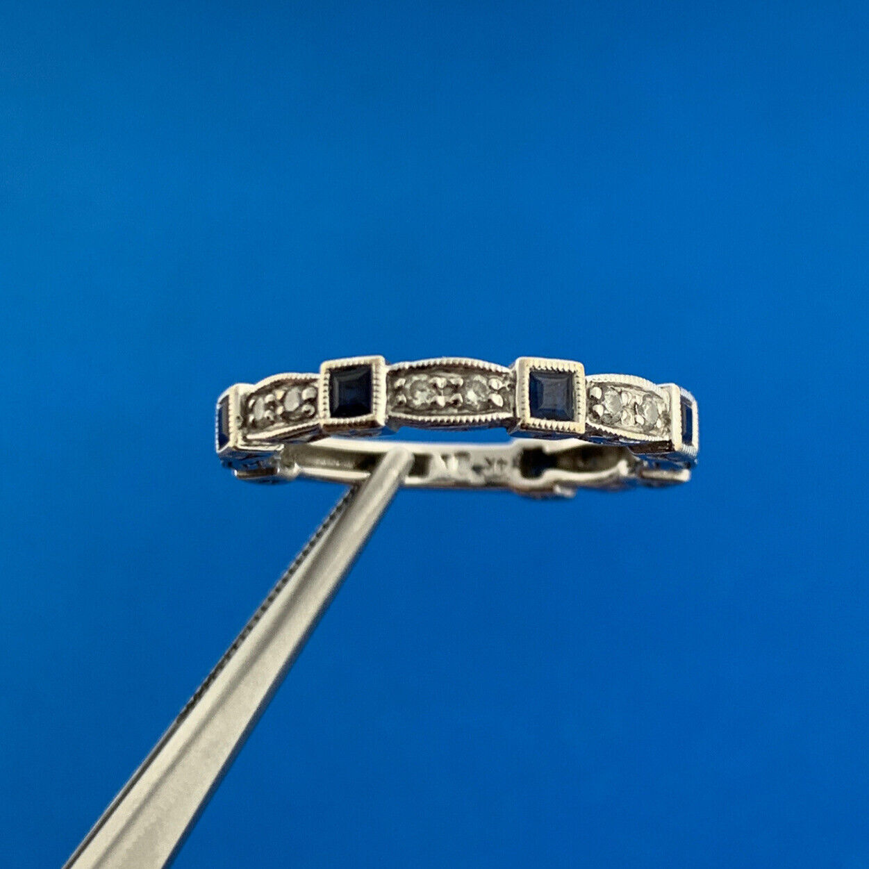 Gorgeous 14k White Gold Round Cut Diamond Princess Blue Sapphire Ring Size 7