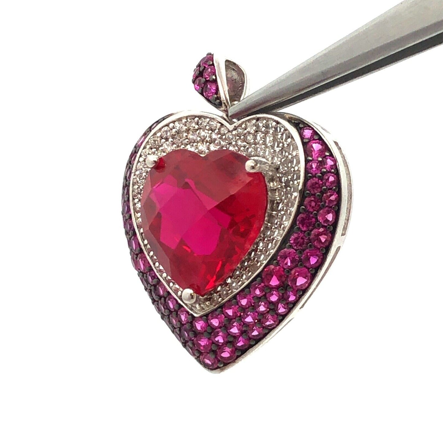 Designer PAM 925 Sterling Silver Red Pink Spinel Diamond Heart Statement Pendant