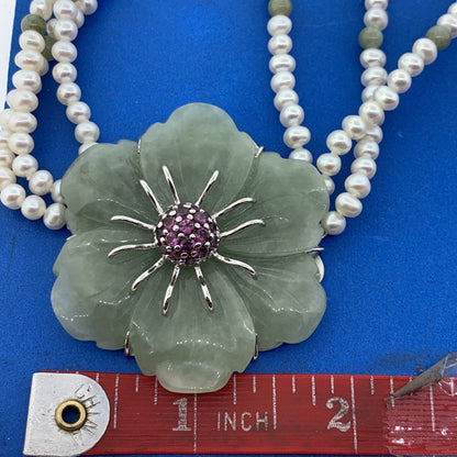 Designer Sterling Silver Carved Jade Pearl Pink Tourmaline Statement Necklace