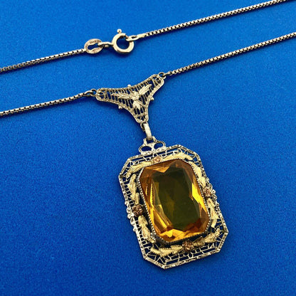 Italy 925 Sterling Silver 14K Yellow Gold Lemon Quartz Filigree Floral Necklace