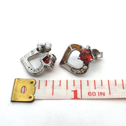 Unusual 925 Sterling Silver Red White Cubic Zirconia Opal Heart Stud Earrings