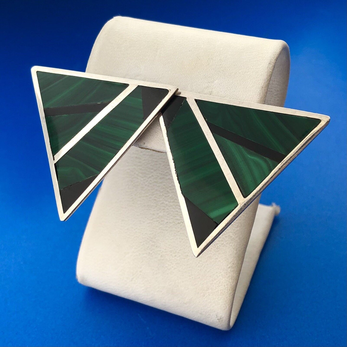 Vintage Sterling Silver 925 Modernist Malachite Onyx Statement Clip Earrings