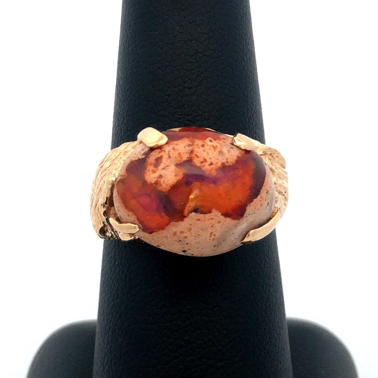 Designer Vintage 14K Yellow Gold Oval Mexican Opal Cabochon Statement Ring