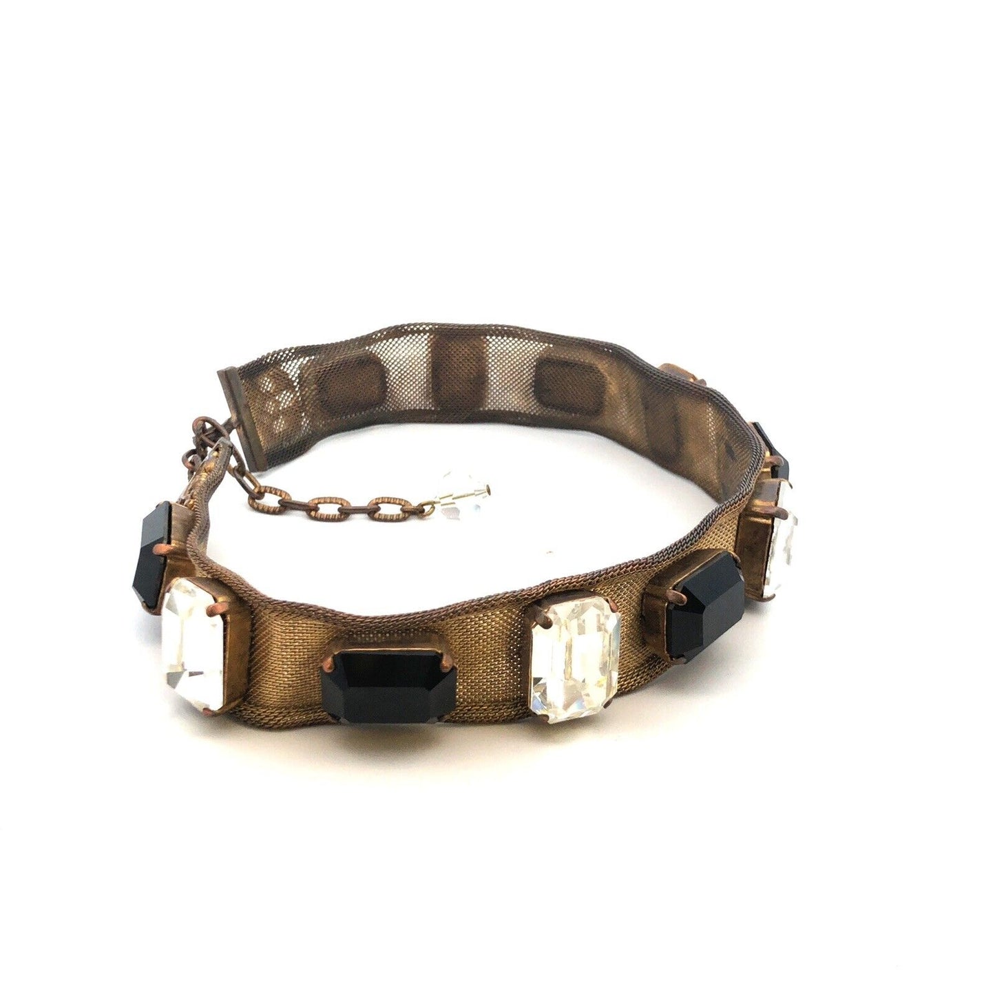 Victorian Gold Tone Mesh Faceted Black White Glass Statement Choker Necklace