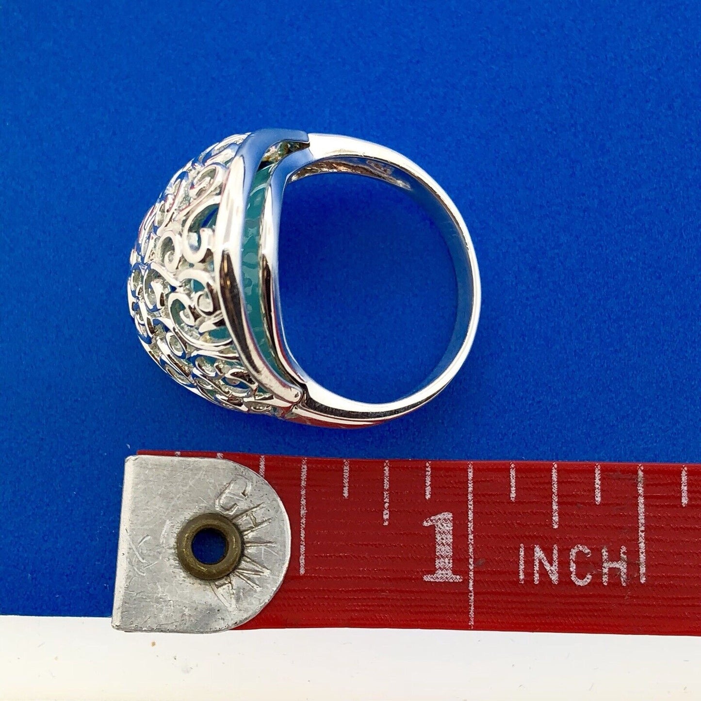 Designer 925 Sterling Silver Aqua Enamel Swirl Scroll Open Work Statement Ring