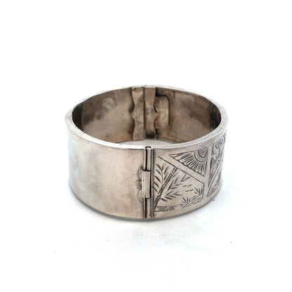 Vintage 925 Sterling Silver Wide Bird Nature Detail Hinged Cuff Bracelet