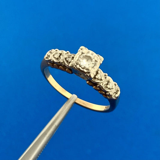 Charming Art Deco Art Nouveau 13K Yellow White Gold Diamond Engagement Ring