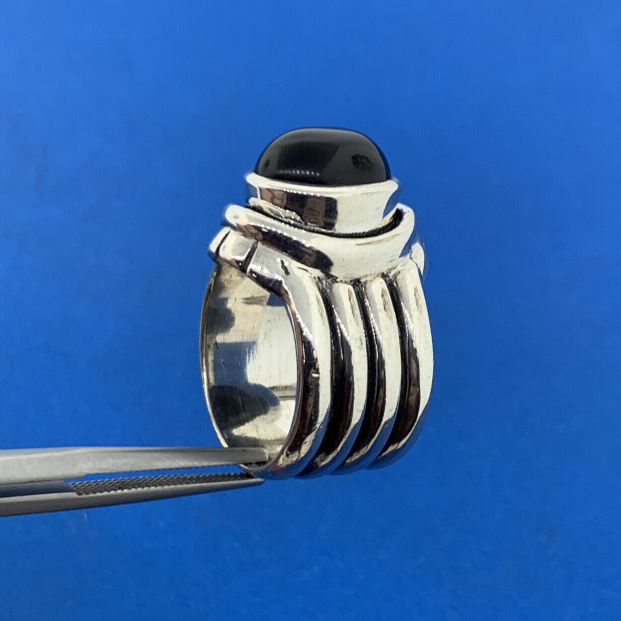 Designer 925 Sterling Silver Oval Black Onyx Cabochon Ribbed Statement Ring