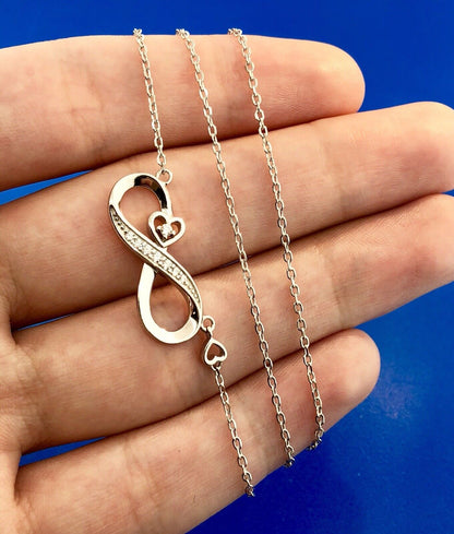 Lovely Sterling Silver 925 Diamond Infinity Eternity Figure 8 Heart Necklace
