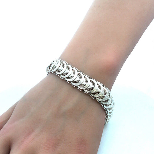 Designer 925 Sterling Silver Round Disc Panel Filigree Detail Toggle Bracelet