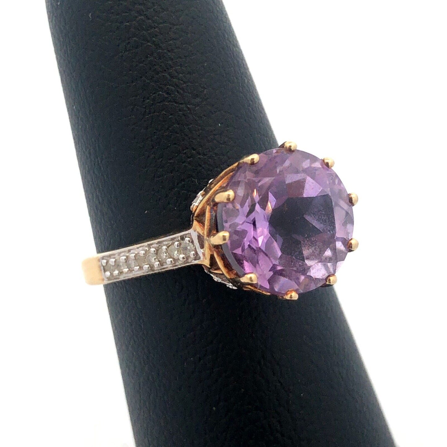 10K Yellow Gold Amethyst Cocktail Solitaire Diamond Accented Statement Ring