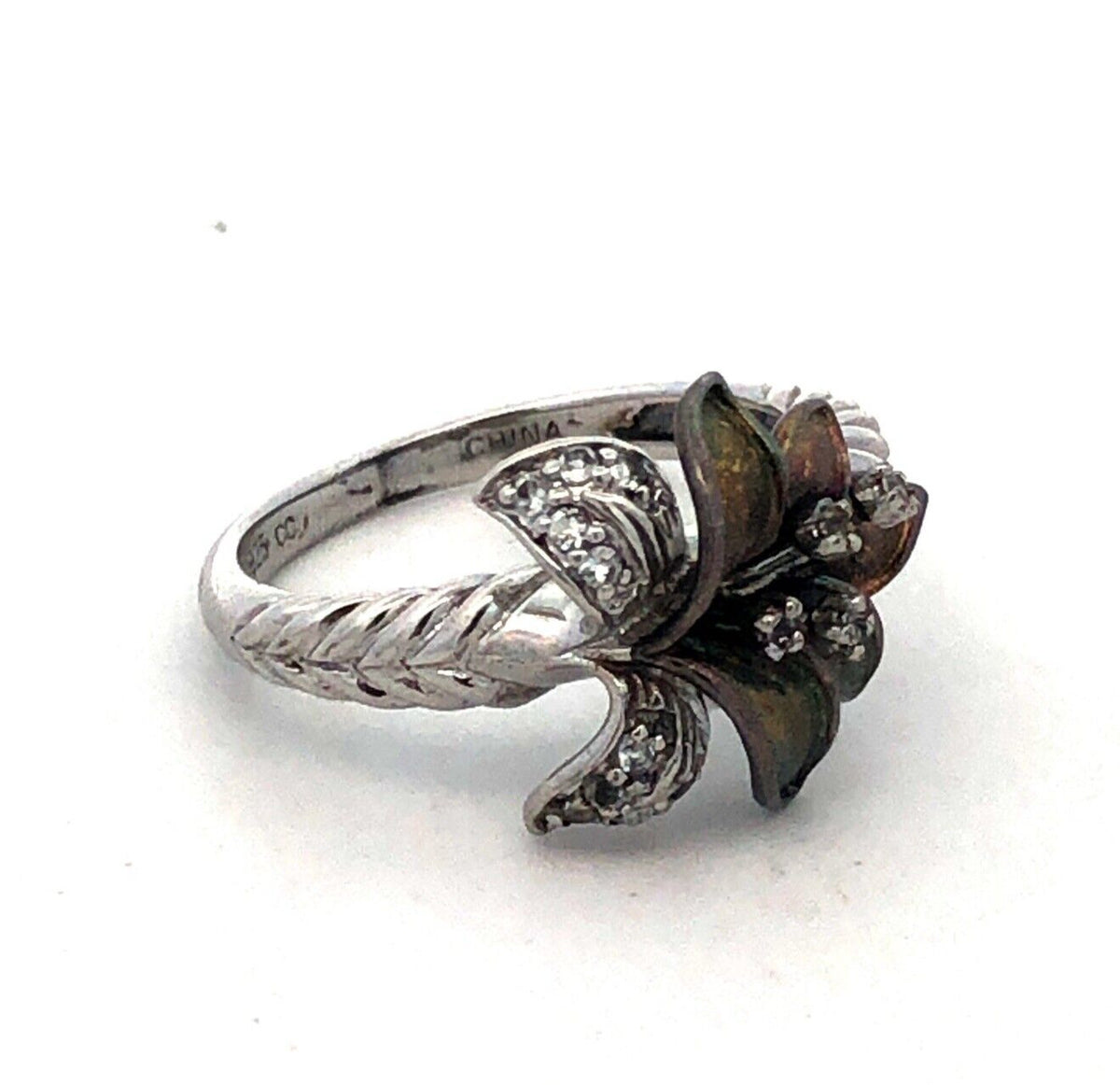 Designer CC 925 Sterling Silver Round White Topaz Lily Orchid Flower Ring