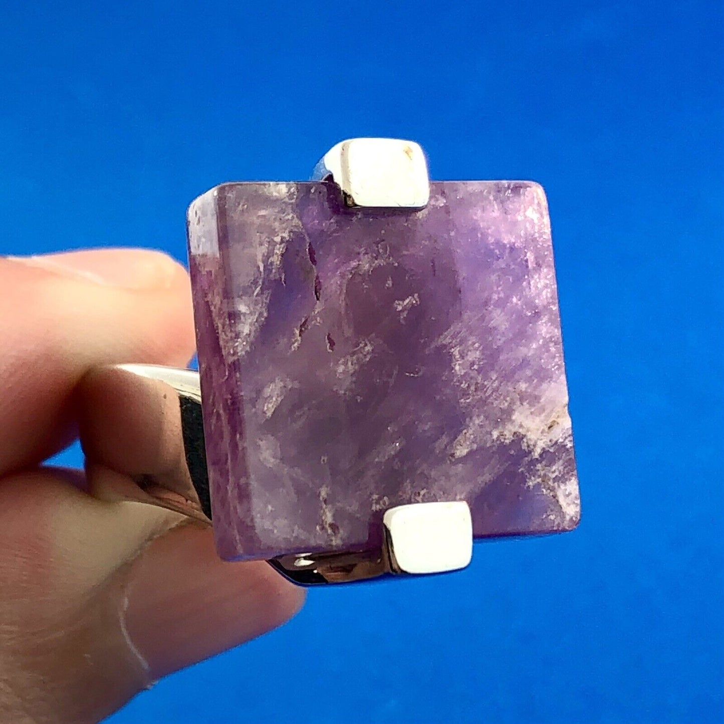 Stunning Sterling Silver 925 Square Cut Purple Amethyst Slab Ring Size 8.25