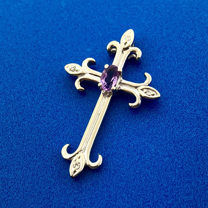 Designer 10K White Gold Amethyst Diamond Fleur De Lis Cross Religious Pendant
