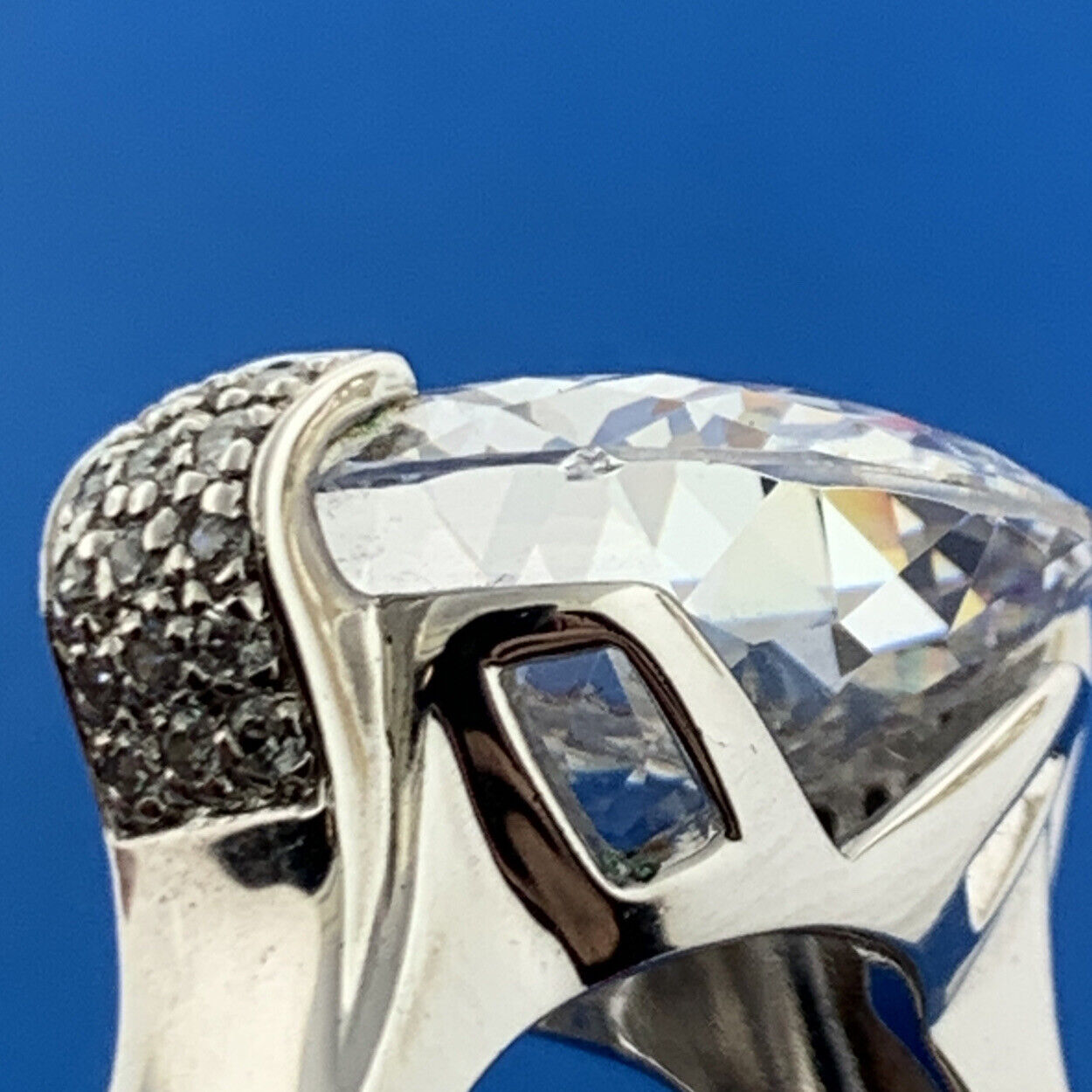 Designer 925 Sterling Silver Cubic Zirconia Solitaire W/Accents Statement Ring