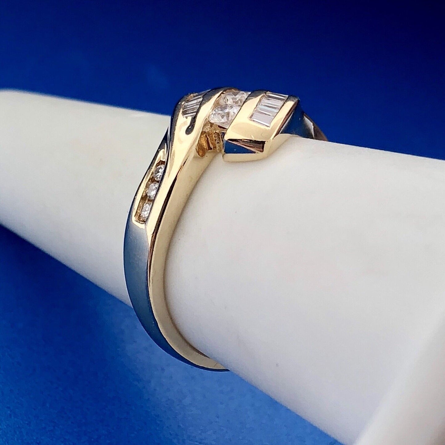 Retro Modernist 14K Yellow Gold Diamond Trio Accented Bypass Anniversary Ring