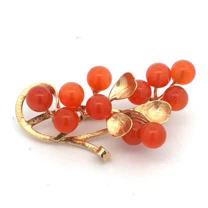 Estate 14K Yellow Gold Carnelian Bead Berry Vine Statement Brooch Pin Pendant