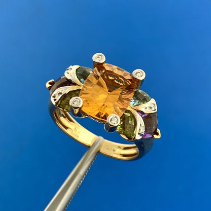 Stunning Bellarri 18K Yellow Gold Citrine Diamond Amethyst B Topaz Peridot Ring