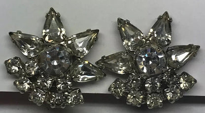 Vintage Art Deco Crystal Rhinestone Flower Cluster Bridal Cocktail Clip Earrings