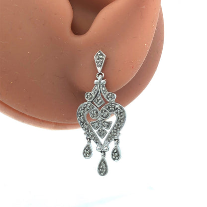 Estate 14K White Gold Diamond Filigree Drop Dangle Chandelier Heart Earrings